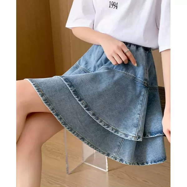 imagechouyatou Womens Cute Denim Ruffle Skirt High Elastic Waist ALine Tiered Swing Jean Mini SkirtBlue