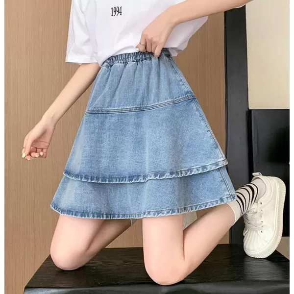 imagechouyatou Womens Cute Denim Ruffle Skirt High Elastic Waist ALine Tiered Swing Jean Mini SkirtBlue
