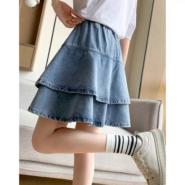 imagechouyatou Womens Cute Denim Ruffle Skirt High Elastic Waist ALine Tiered Swing Jean Mini SkirtBlue
