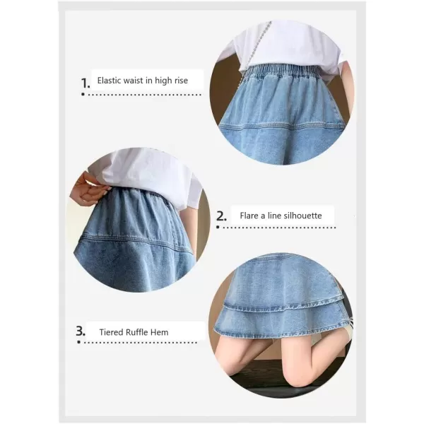 imagechouyatou Womens Cute Denim Ruffle Skirt High Elastic Waist ALine Tiered Swing Jean Mini SkirtBlue