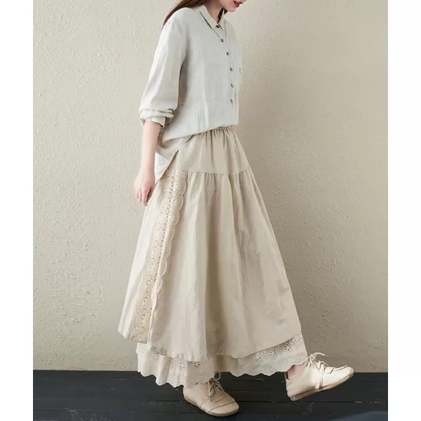 imagechouyatou Womens Cute Lace Eyelet Embroidery Boho Skirt Elastic Waist Pleated Swing Midi Long SkirtBeige White