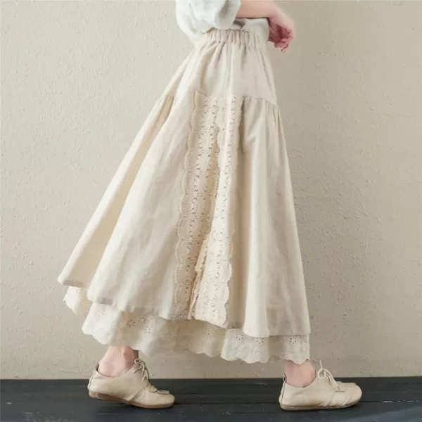 imagechouyatou Womens Cute Lace Eyelet Embroidery Boho Skirt Elastic Waist Pleated Swing Midi Long SkirtBeige White