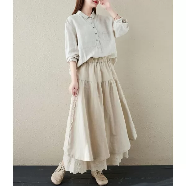 imagechouyatou Womens Cute Lace Eyelet Embroidery Boho Skirt Elastic Waist Pleated Swing Midi Long SkirtBeige White