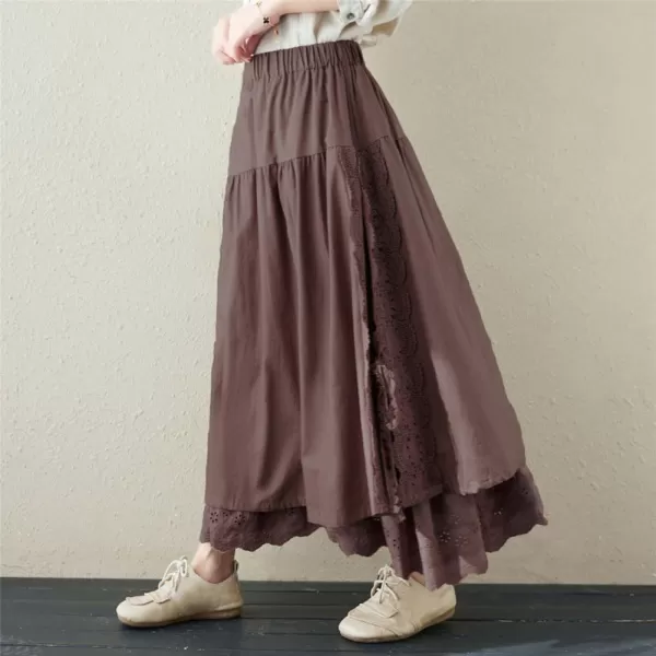 imagechouyatou Womens Cute Lace Eyelet Embroidery Boho Skirt Elastic Waist Pleated Swing Midi Long SkirtCoffee