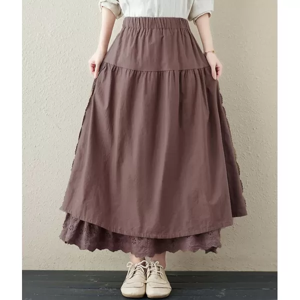 imagechouyatou Womens Cute Lace Eyelet Embroidery Boho Skirt Elastic Waist Pleated Swing Midi Long SkirtCoffee
