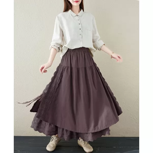 imagechouyatou Womens Cute Lace Eyelet Embroidery Boho Skirt Elastic Waist Pleated Swing Midi Long SkirtCoffee