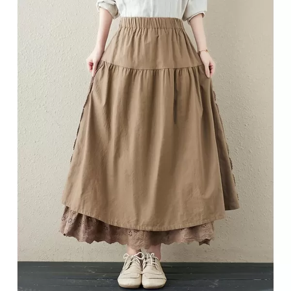 imagechouyatou Womens Cute Lace Eyelet Embroidery Boho Skirt Elastic Waist Pleated Swing Midi Long SkirtKhaki