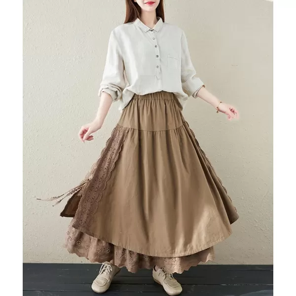 imagechouyatou Womens Cute Lace Eyelet Embroidery Boho Skirt Elastic Waist Pleated Swing Midi Long SkirtKhaki