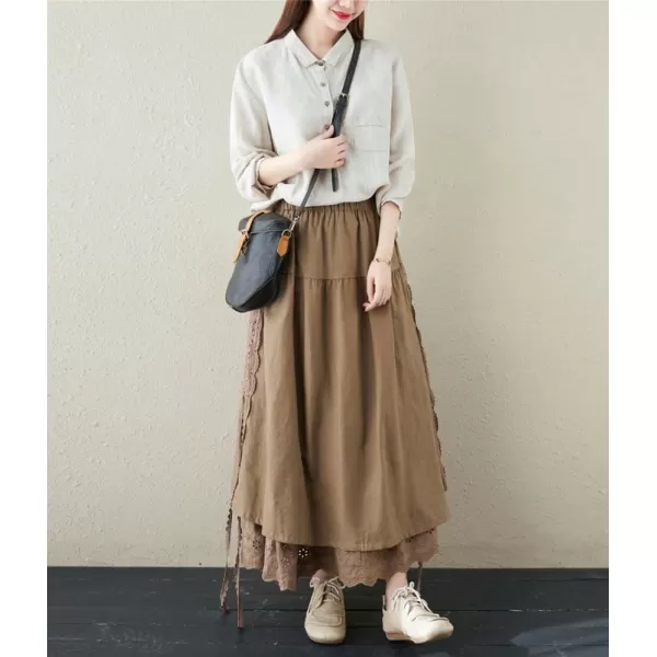 imagechouyatou Womens Cute Lace Eyelet Embroidery Boho Skirt Elastic Waist Pleated Swing Midi Long SkirtKhaki