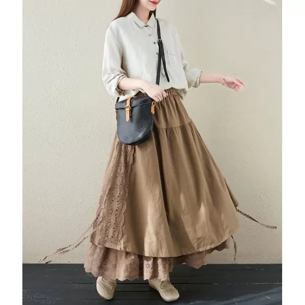 imagechouyatou Womens Cute Lace Eyelet Embroidery Boho Skirt Elastic Waist Pleated Swing Midi Long SkirtKhaki
