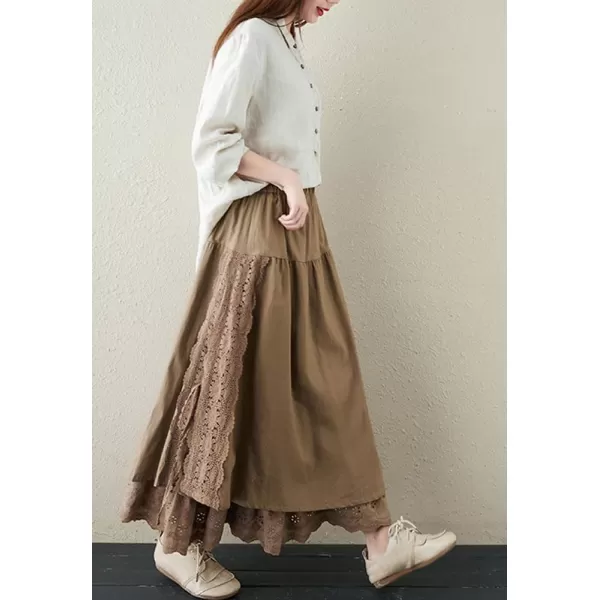 imagechouyatou Womens Cute Lace Eyelet Embroidery Boho Skirt Elastic Waist Pleated Swing Midi Long SkirtKhaki