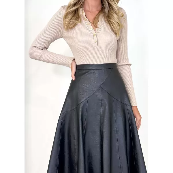 imagechouyatou Womens Elegant High Waist ALine Pu Faux Leather Pleated Midi Long SkirtBlack