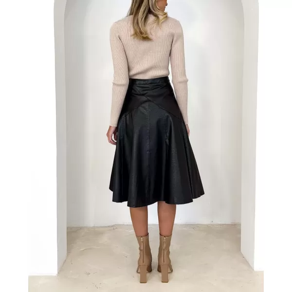 imagechouyatou Womens Elegant High Waist ALine Pu Faux Leather Pleated Midi Long SkirtBlack