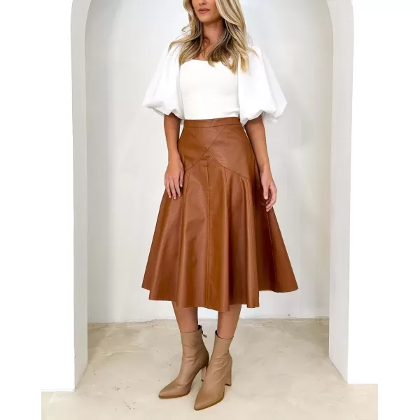 imagechouyatou Womens Elegant High Waist ALine Pu Faux Leather Pleated Midi Long SkirtKhaki Brown