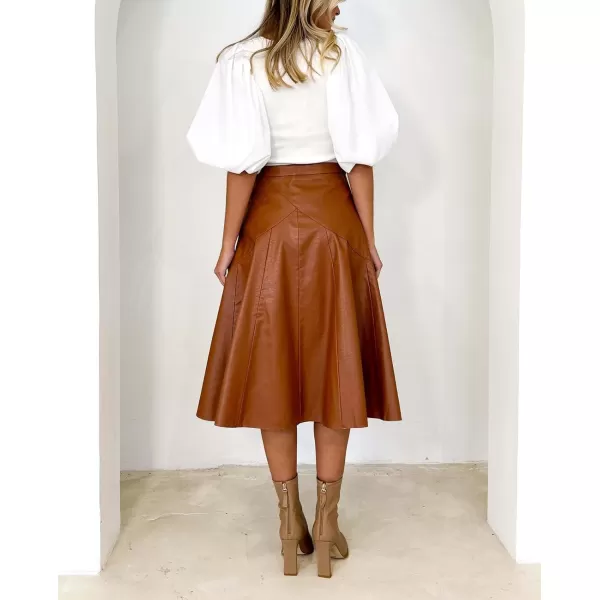 imagechouyatou Womens Elegant High Waist ALine Pu Faux Leather Pleated Midi Long SkirtKhaki Brown