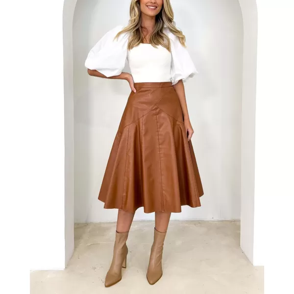 imagechouyatou Womens Elegant High Waist ALine Pu Faux Leather Pleated Midi Long SkirtKhaki Brown