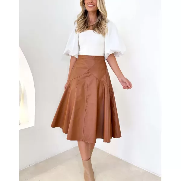 imagechouyatou Womens Elegant High Waist ALine Pu Faux Leather Pleated Midi Long SkirtKhaki Brown