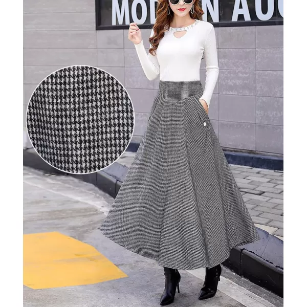 imagechouyatou Womens Elegant Houndstooth Plaid A Line Pleated Swing Midi Long Wool Skirt with PocketsBlack White