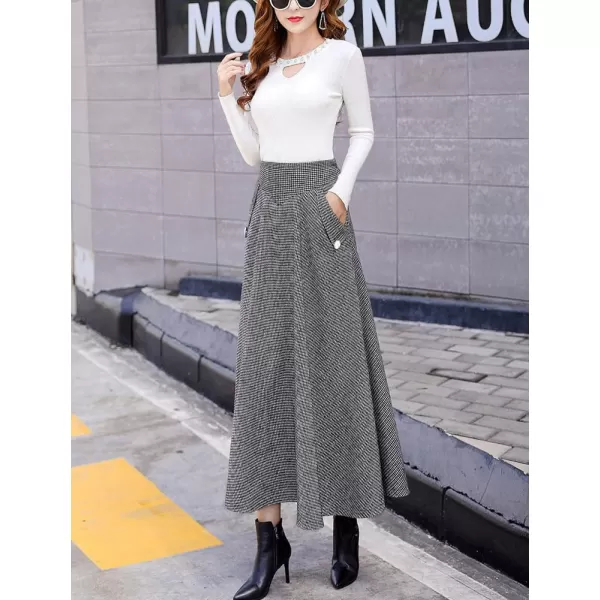 imagechouyatou Womens Elegant Houndstooth Plaid A Line Pleated Swing Midi Long Wool Skirt with PocketsBlack White