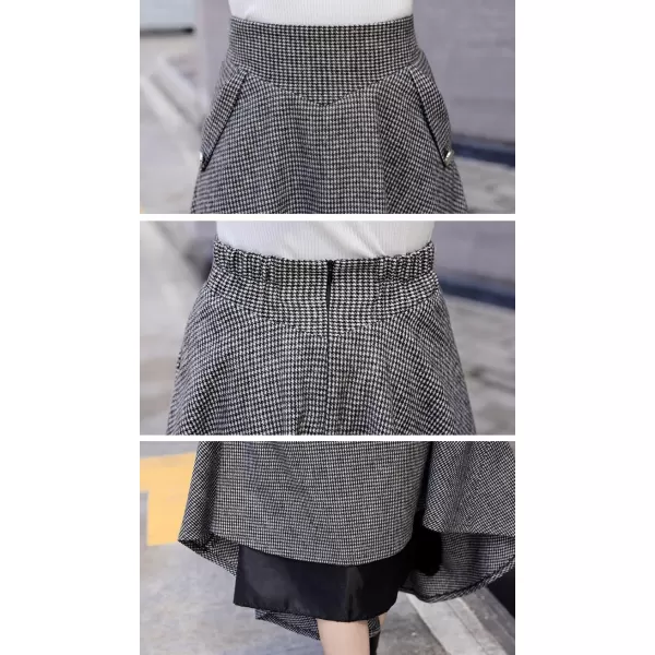 imagechouyatou Womens Elegant Houndstooth Plaid A Line Pleated Swing Midi Long Wool Skirt with PocketsBlack White