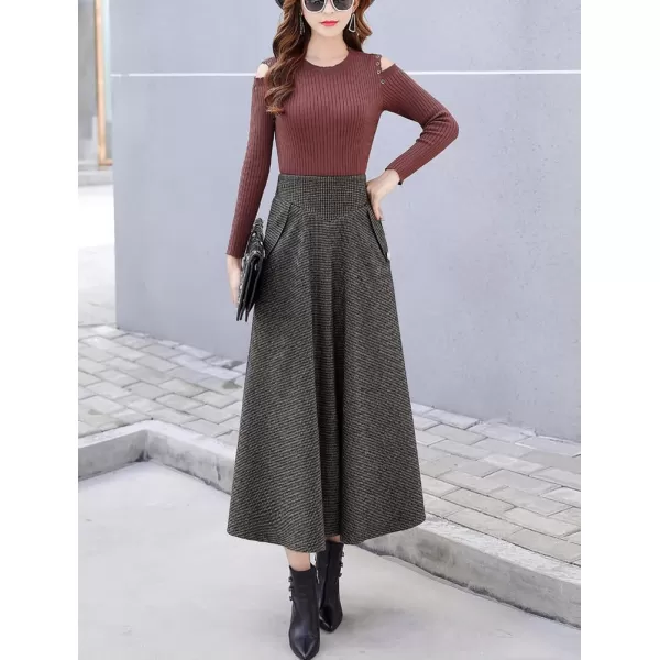 imagechouyatou Womens Elegant Houndstooth Plaid A Line Pleated Swing Midi Long Wool Skirt with PocketsCoffee