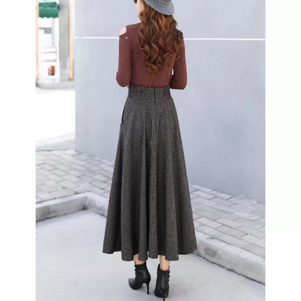 imagechouyatou Womens Elegant Houndstooth Plaid A Line Pleated Swing Midi Long Wool Skirt with PocketsCoffee
