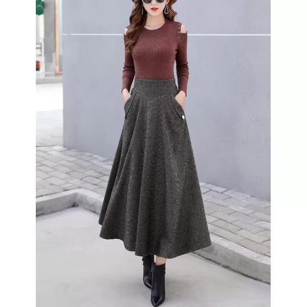 imagechouyatou Womens Elegant Houndstooth Plaid A Line Pleated Swing Midi Long Wool Skirt with PocketsCoffee