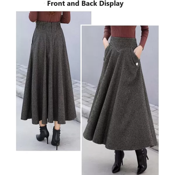 imagechouyatou Womens Elegant Houndstooth Plaid A Line Pleated Swing Midi Long Wool Skirt with PocketsCoffee