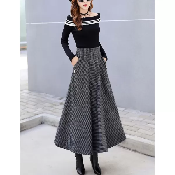 imagechouyatou Womens Elegant Houndstooth Plaid A Line Pleated Swing Midi Long Wool Skirt with PocketsGray