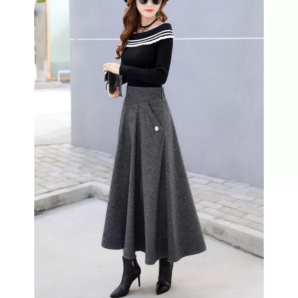 imagechouyatou Womens Elegant Houndstooth Plaid A Line Pleated Swing Midi Long Wool Skirt with PocketsGray