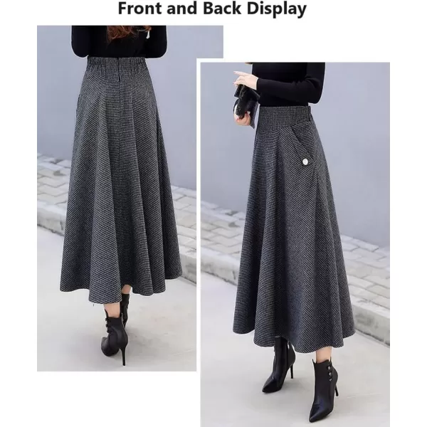 imagechouyatou Womens Elegant Houndstooth Plaid A Line Pleated Swing Midi Long Wool Skirt with PocketsGray