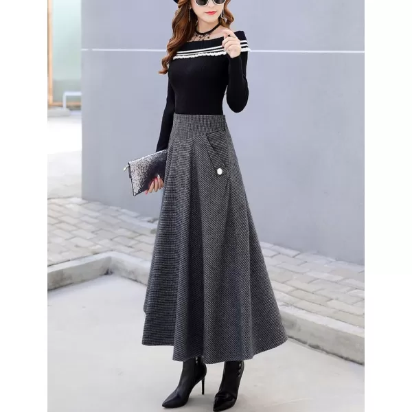 imagechouyatou Womens Elegant Houndstooth Plaid A Line Pleated Swing Midi Long Wool Skirt with PocketsGray