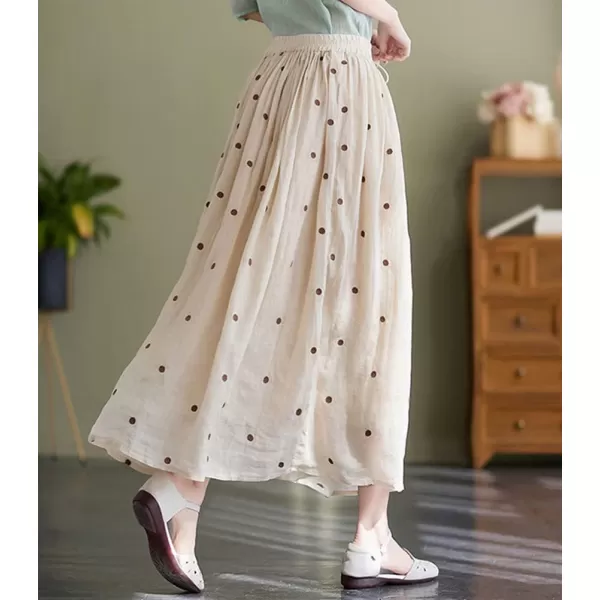 imagechouyatou Womens Elegant Polka Dot ALine Skirt Boho Swing Pleated Cotton Midi Long SkirtApricot