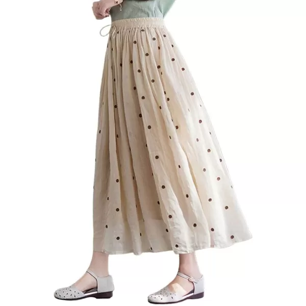 imagechouyatou Womens Elegant Polka Dot ALine Skirt Boho Swing Pleated Cotton Midi Long SkirtApricot