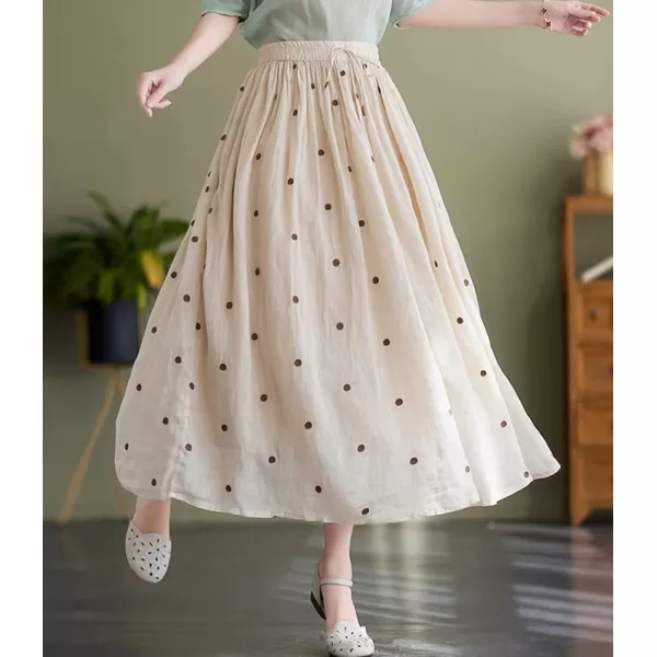 imagechouyatou Womens Elegant Polka Dot ALine Skirt Boho Swing Pleated Cotton Midi Long SkirtApricot