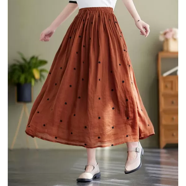 imagechouyatou Womens Elegant Polka Dot ALine Skirt Boho Swing Pleated Cotton Midi Long SkirtBrick Red