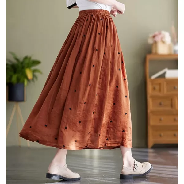 imagechouyatou Womens Elegant Polka Dot ALine Skirt Boho Swing Pleated Cotton Midi Long SkirtBrick Red