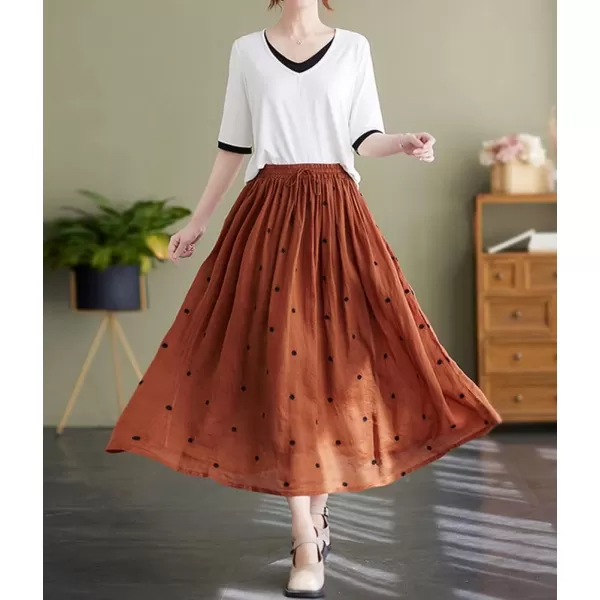 imagechouyatou Womens Elegant Polka Dot ALine Skirt Boho Swing Pleated Cotton Midi Long SkirtBrick Red
