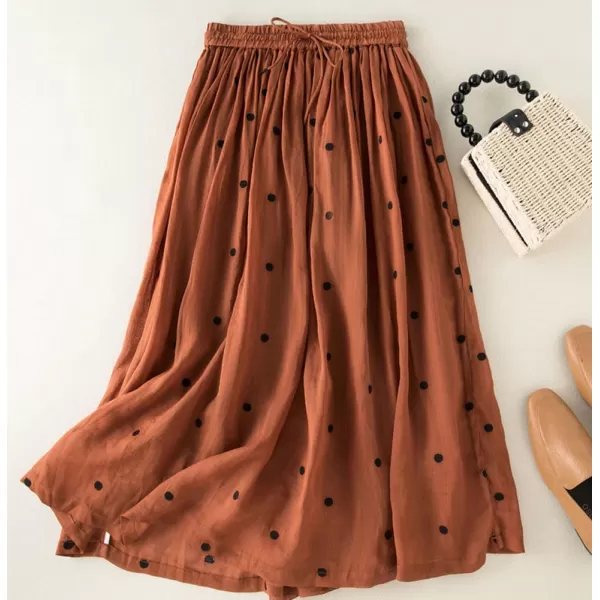 imagechouyatou Womens Elegant Polka Dot ALine Skirt Boho Swing Pleated Cotton Midi Long SkirtBrick Red