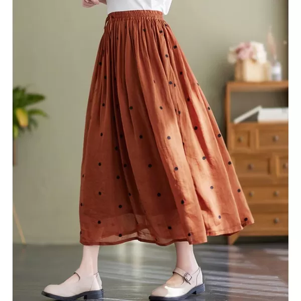 imagechouyatou Womens Elegant Polka Dot ALine Skirt Boho Swing Pleated Cotton Midi Long SkirtBrick Red