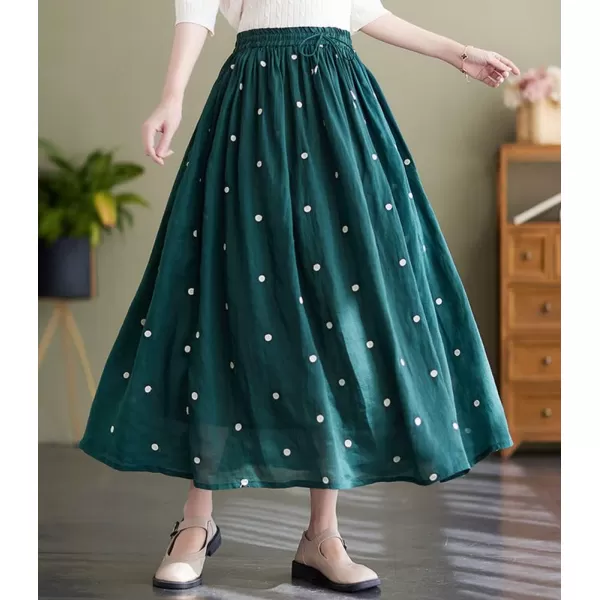 imagechouyatou Womens Elegant Polka Dot ALine Skirt Boho Swing Pleated Cotton Midi Long SkirtGreen