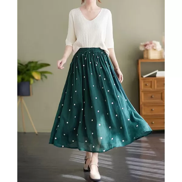 imagechouyatou Womens Elegant Polka Dot ALine Skirt Boho Swing Pleated Cotton Midi Long SkirtGreen