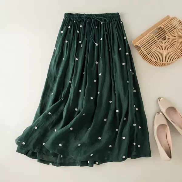 imagechouyatou Womens Elegant Polka Dot ALine Skirt Boho Swing Pleated Cotton Midi Long SkirtGreen