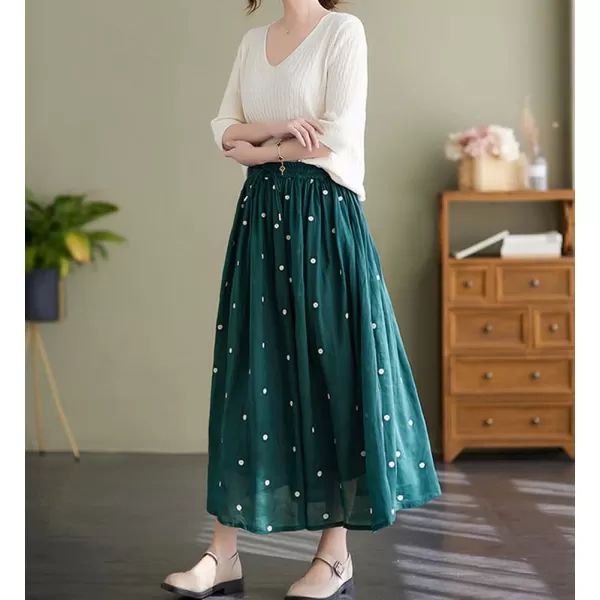 imagechouyatou Womens Elegant Polka Dot ALine Skirt Boho Swing Pleated Cotton Midi Long SkirtGreen