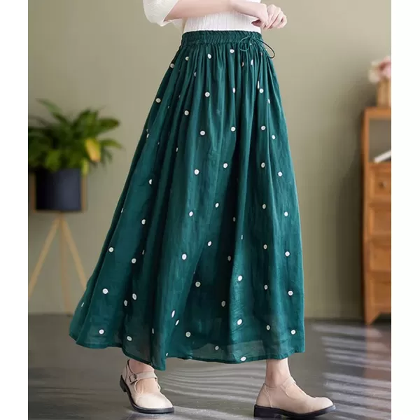 imagechouyatou Womens Elegant Polka Dot ALine Skirt Boho Swing Pleated Cotton Midi Long SkirtGreen