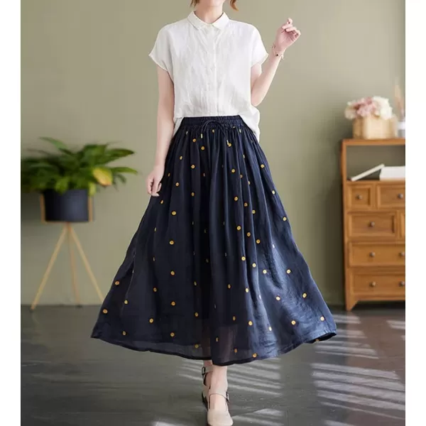imagechouyatou Womens Elegant Polka Dot ALine Skirt Boho Swing Pleated Cotton Midi Long SkirtNavy