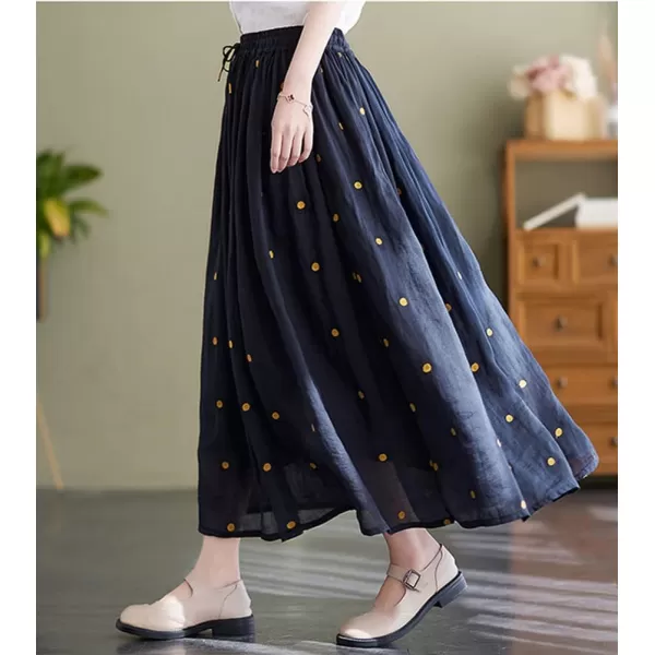 imagechouyatou Womens Elegant Polka Dot ALine Skirt Boho Swing Pleated Cotton Midi Long SkirtNavy