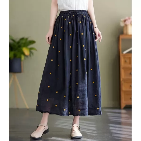 imagechouyatou Womens Elegant Polka Dot ALine Skirt Boho Swing Pleated Cotton Midi Long SkirtNavy