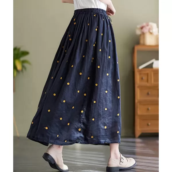 imagechouyatou Womens Elegant Polka Dot ALine Skirt Boho Swing Pleated Cotton Midi Long SkirtNavy