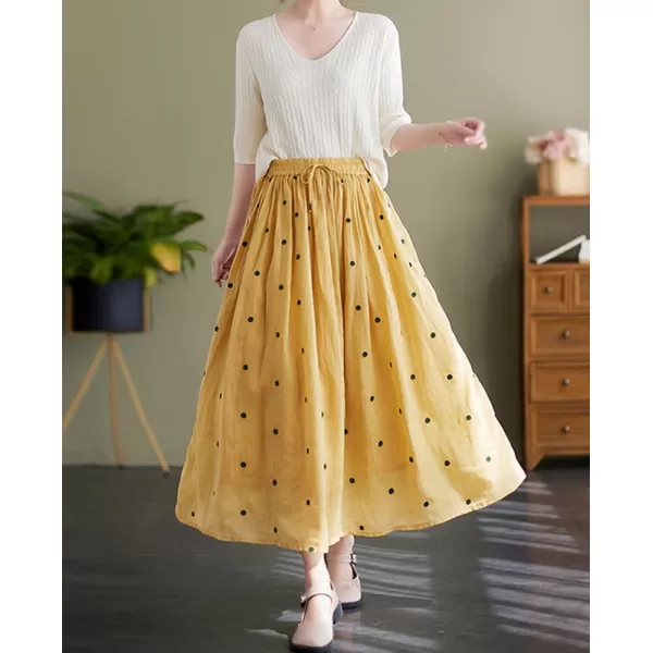 imagechouyatou Womens Elegant Polka Dot ALine Skirt Boho Swing Pleated Cotton Midi Long SkirtYellow